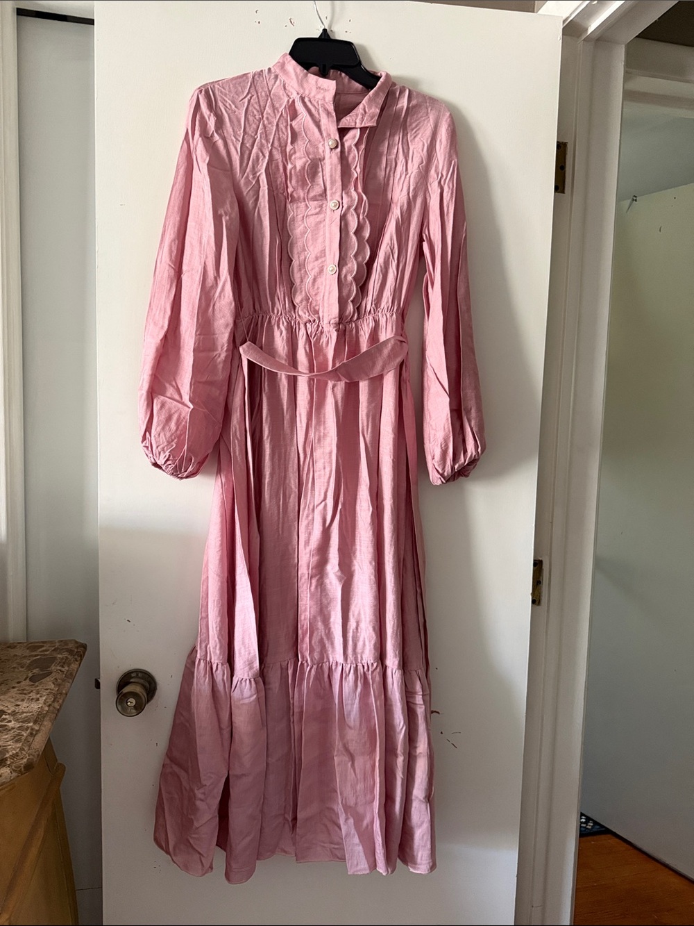 SHEIN Pink Long Sleeve Maxi Dress with Waist Tie